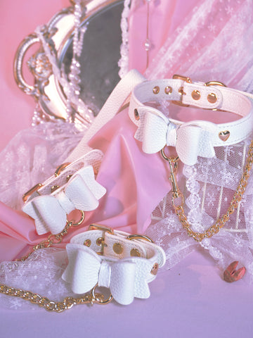 REVERIEE "Play Nice" Leather Bow Bespoke Bondage Cuff Set PINK/BLACK/WHITE