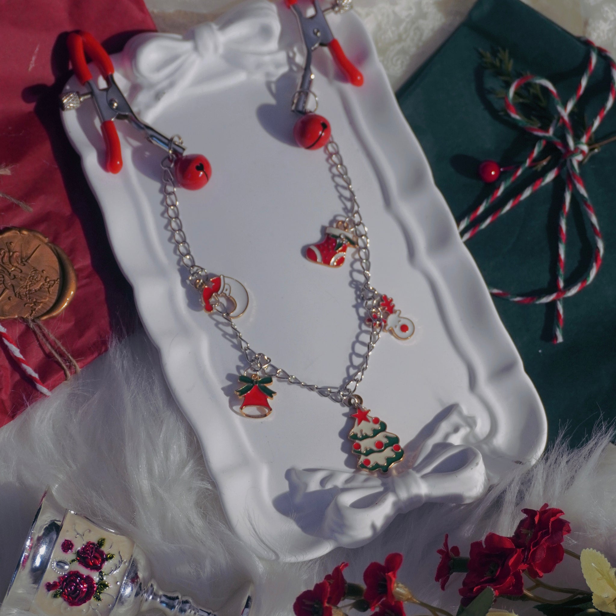 Reveriee Christmas Chain Nipple Clamps | Red Rubber Adjustable Clamps with Jingle Bells