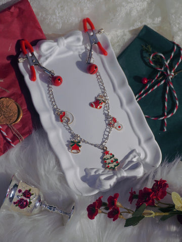 Reveriee Christmas Chain Nipple Clamps | Red Rubber Adjustable Clamps with Jingle Bells