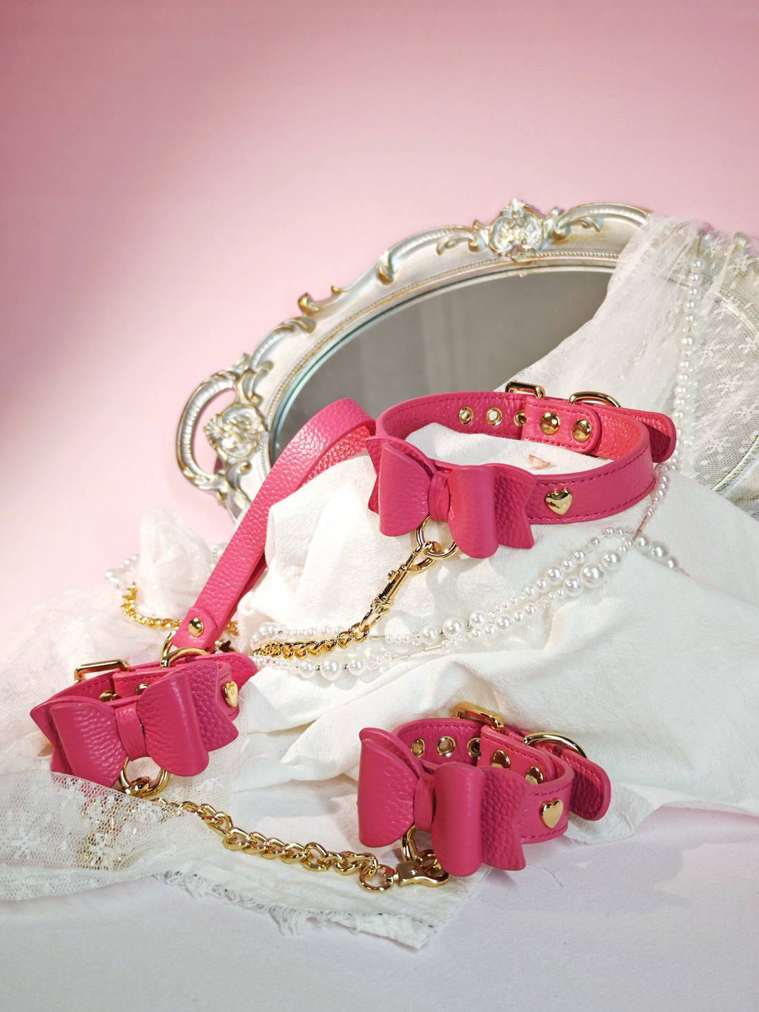 REVERIEE "Play Nice" Leather Bow Bespoke Bondage Cuff Set PINK/BLACK/WHITE
