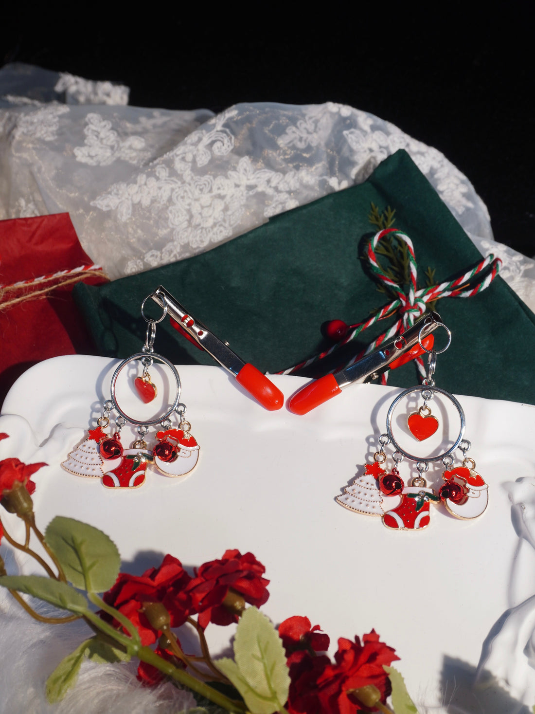 Reveriee Christmas Chain Nipple Clamps | Red Rubber Adjustable Clamps with Jingle Bells