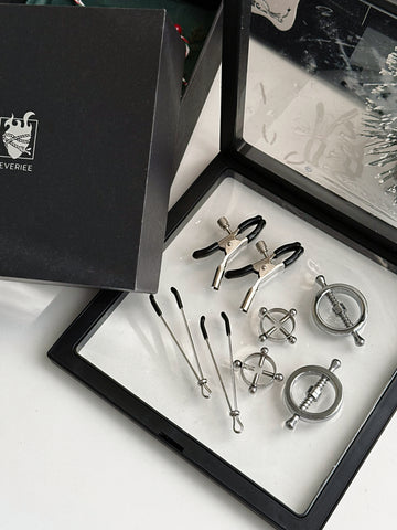 REVERIEE 4 Pairs Nipple Clamps Gift Set – Non-Piercing Adjustable BDSM Body Jewelry, 4 Styles Silver Tone Sensory Collection