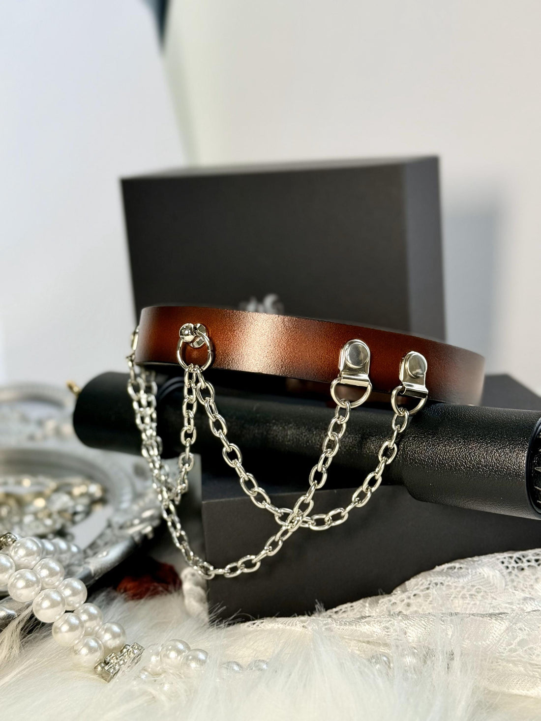 REVERIEE handmade Burnt Orange Leather Chain Collar – Adjustable/Unique Gift/Choker/LGBTQ