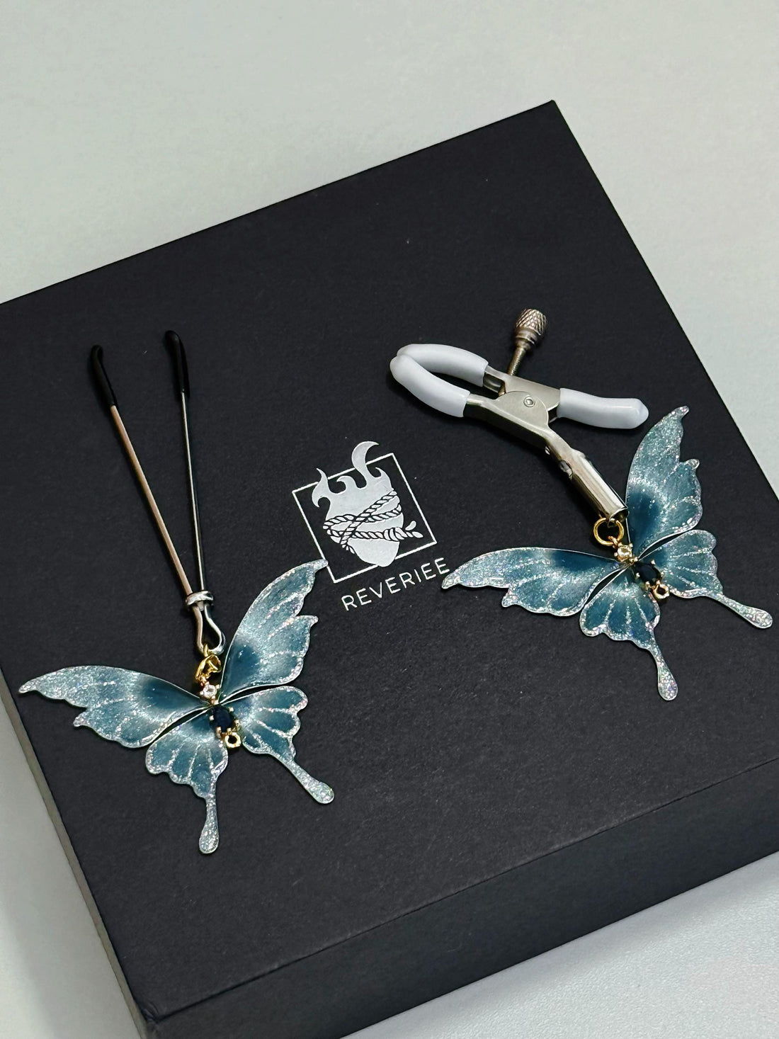 REVERIEE Handcrafted and Painted Butterfly Nipple Clamps – Blue Custom Art, Elegant Design, and Intimate Play