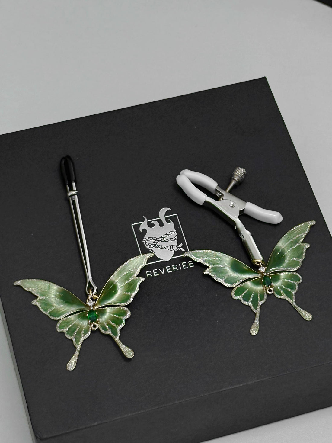 REVERIEE Handcrafted and Painted Butterfly Nipple Clamps – Green Custom Art, Elegant Design, and Intimate Play